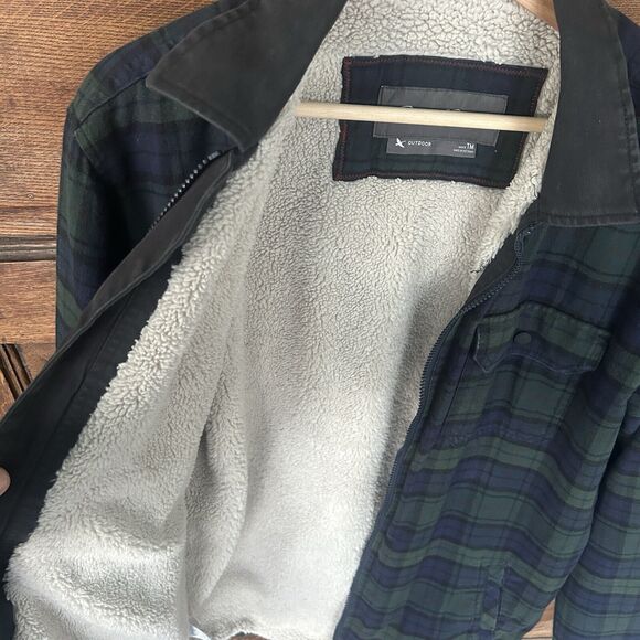Eddie Bauer Work Jacket Coat  Shacket Green Blue Plaid Sherpa Size Tall Medium - Picture 5 of 14